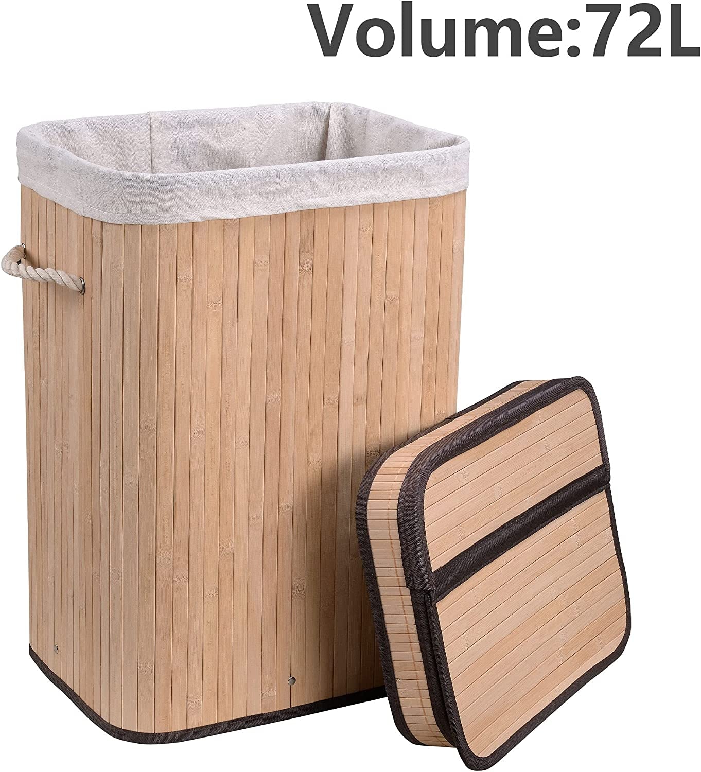 Laundry Hamper with Lid, Bamboo Clothes Hamper with Rope Handles, Laundry Basket with Removable Liner Bag, Foldable Storage Basket for Laundry Room, Bedroom, 72L (Natural)