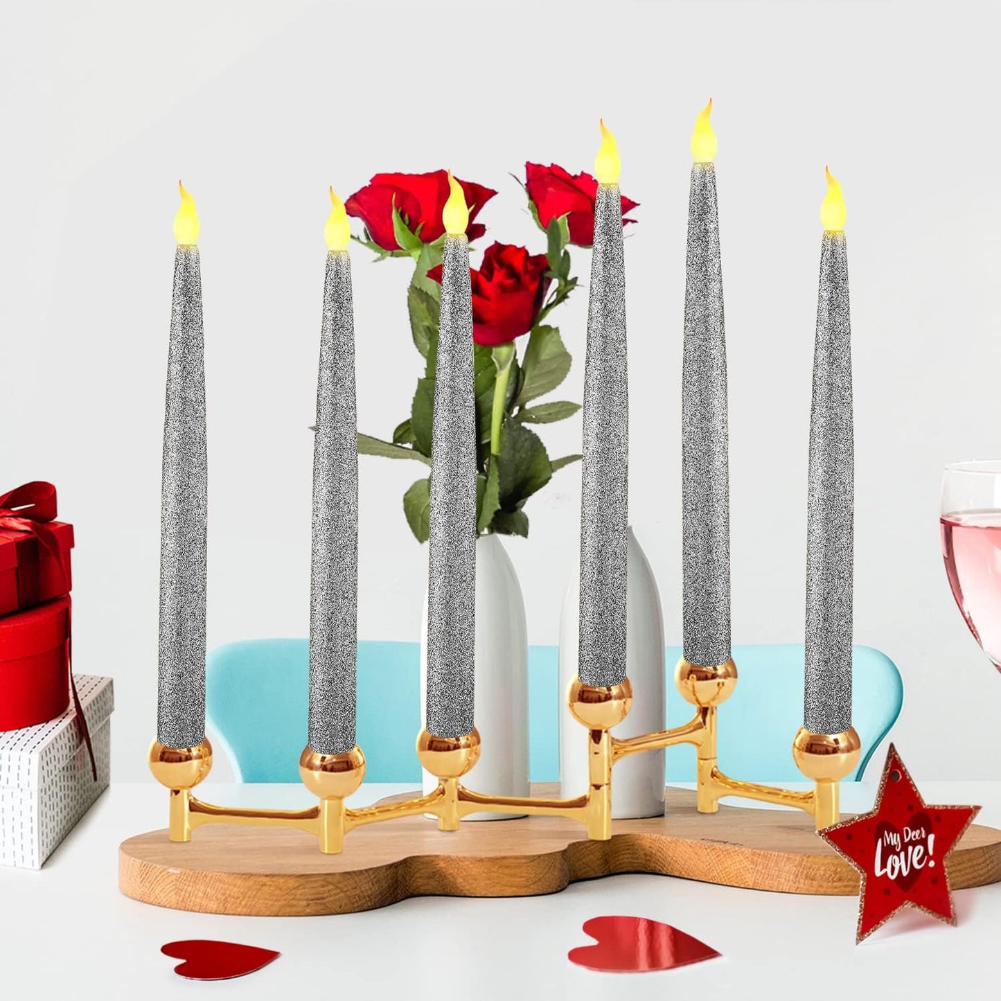Silver LED Taper Candles, Centerpieces Decor Candles, Flameless LED Candle Lights with 6/18 Timer, Pack of 12 (Battery Operated)