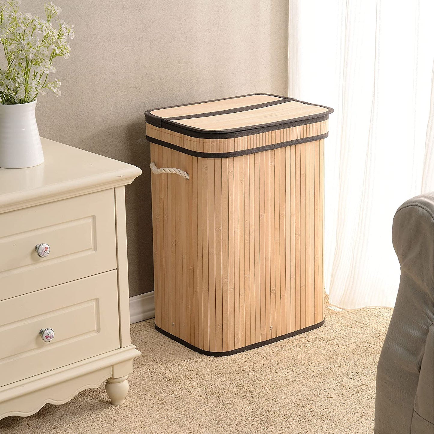 Laundry Hamper with Lid, Bamboo Clothes Hamper with Rope Handles, Laundry Basket with Removable Liner Bag, Foldable Storage Basket for Laundry Room, Bedroom, 72L (Natural)