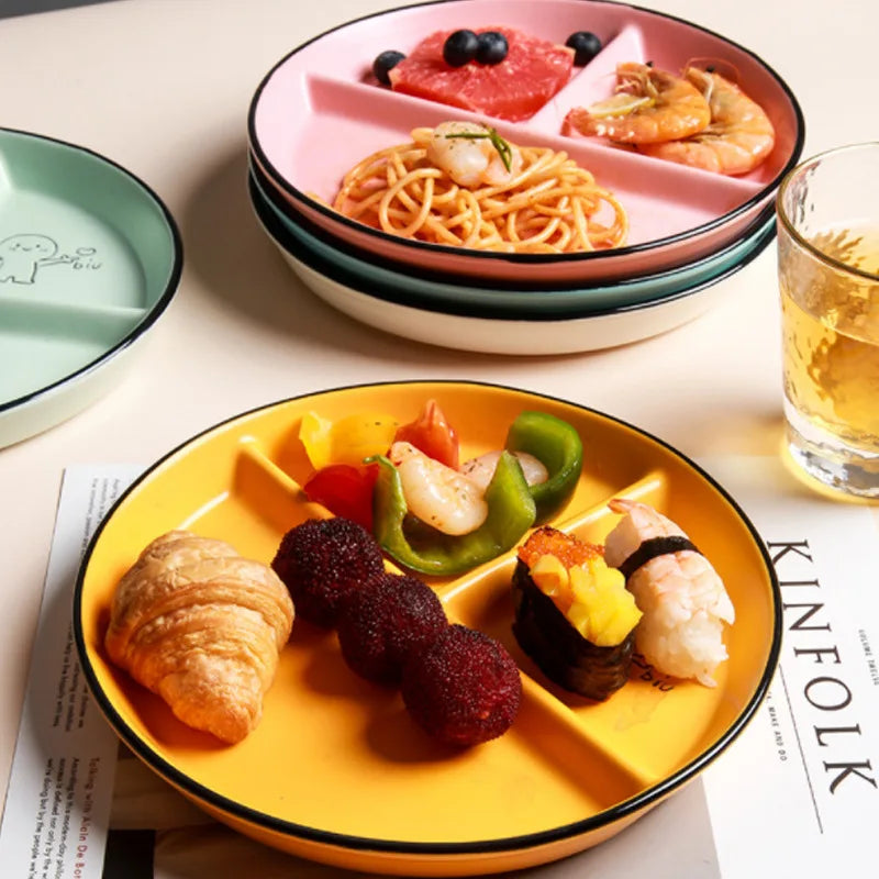Children'S Disc Divided Meal Ceramic Plate Student Dividing Fat Reducing Three Compartment Household Dinner Plates and Dishes
