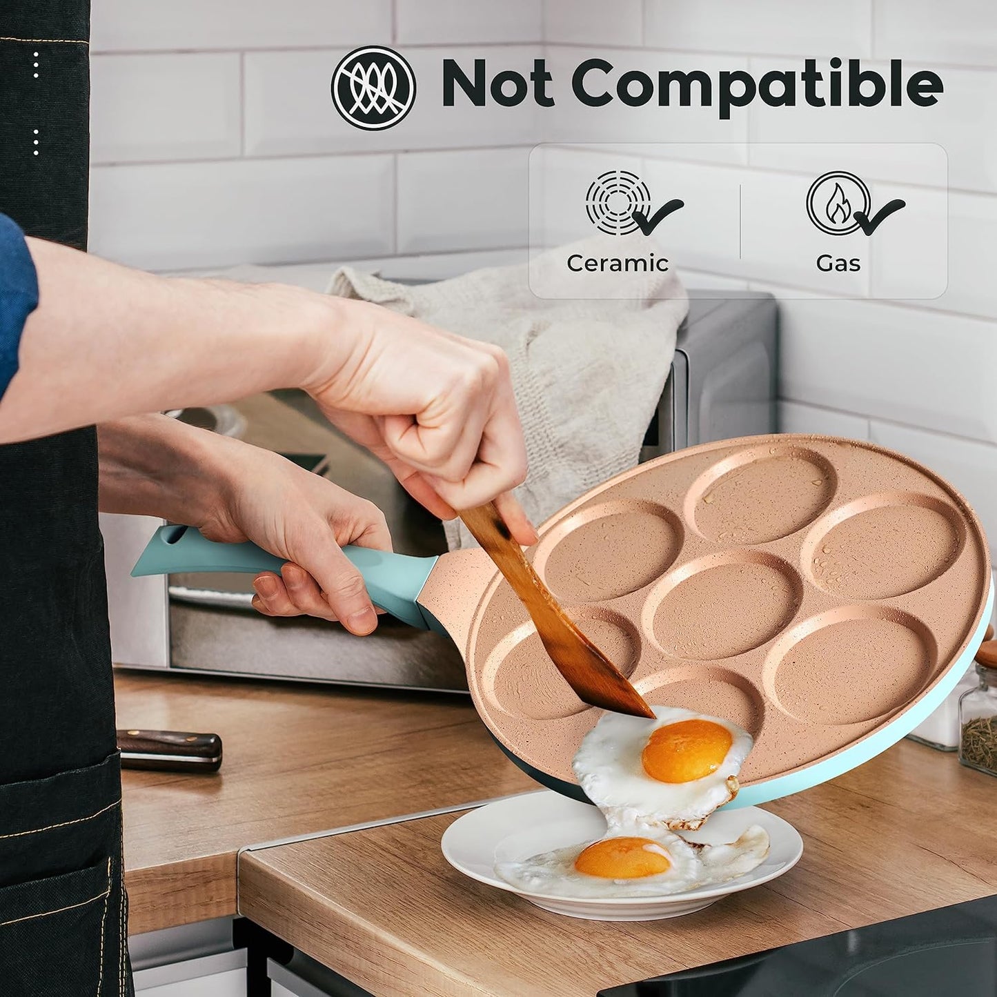 Pancake Pan 7 Molds Nonstick Breakfast Griddle Blini Pan, Gas Compatible,9.7 Inch Blue