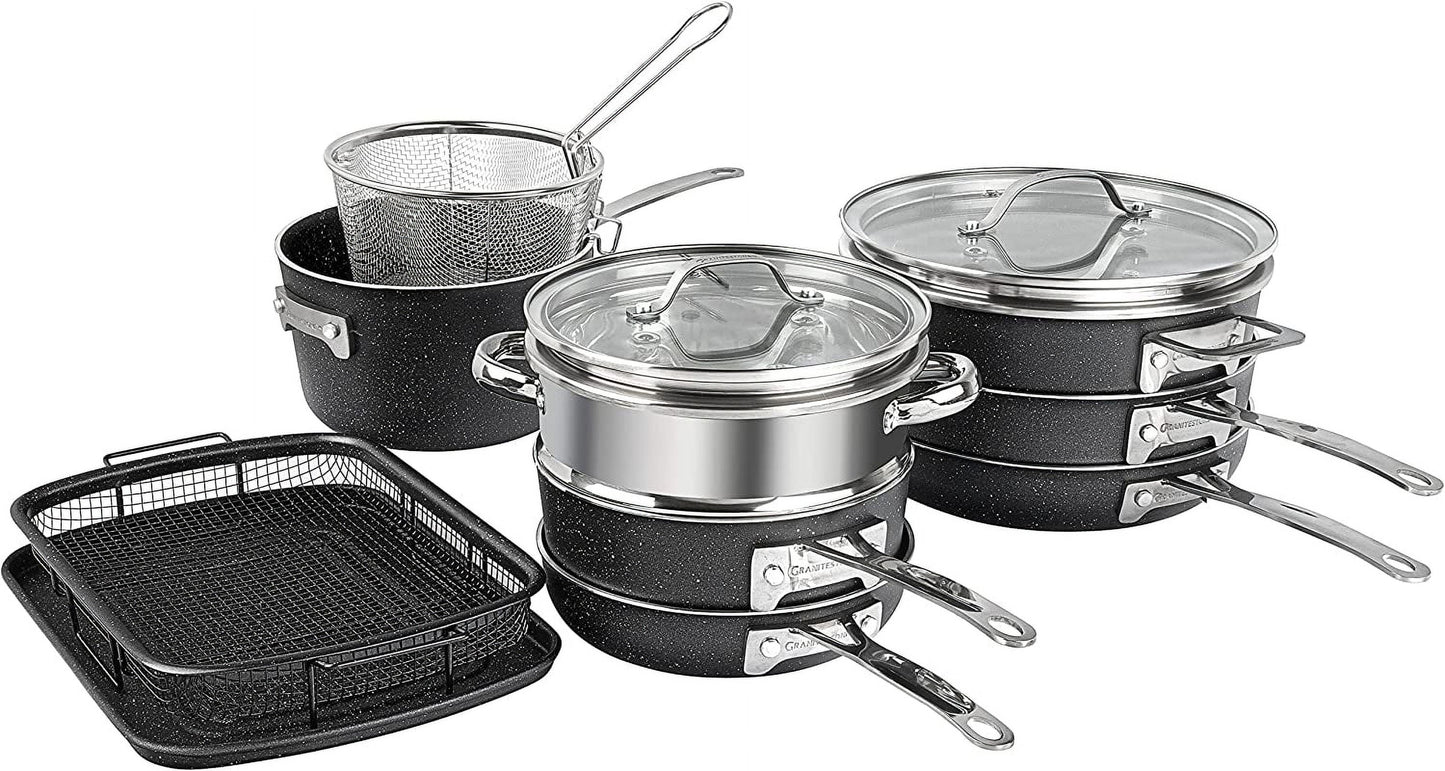 GRANITESTONE Stackmaster 15 Pcs Pots and Pans Set Induction-Compatible, Nonstick Cookware Set, Scratch-Resistant, Granite-Coated Anodized Aluminum, Dishwasher-Safe, Pfoa-Free