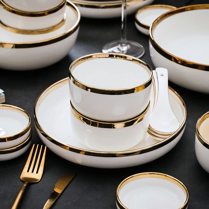 Ceramic Dinnerware Plate Bowl White Gold Stroke Ceramic Dinner Plate Steak Tableware Rice Soup Bowl Spoon Dish Home Decoration