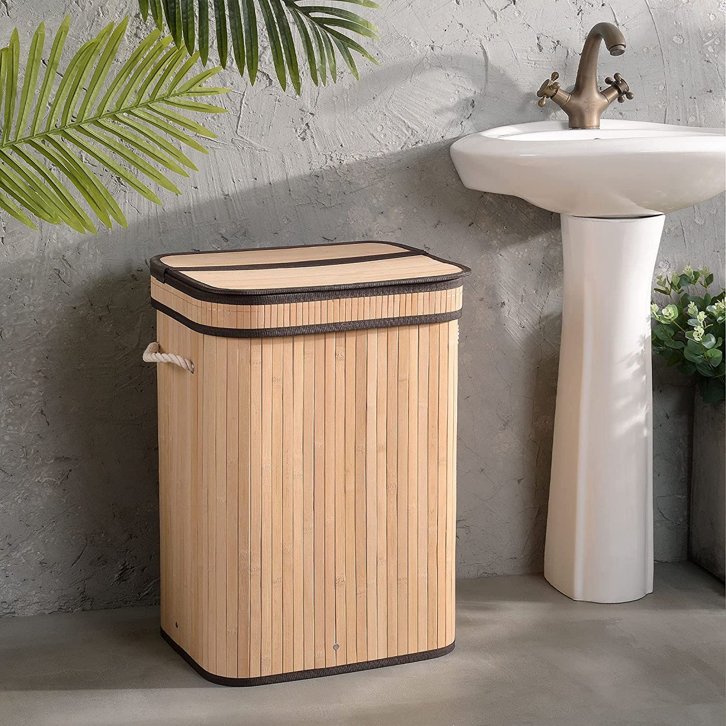 Laundry Hamper with Lid, Bamboo Clothes Hamper with Rope Handles, Laundry Basket with Removable Liner Bag, Foldable Storage Basket for Laundry Room, Bedroom, 72L (Natural)