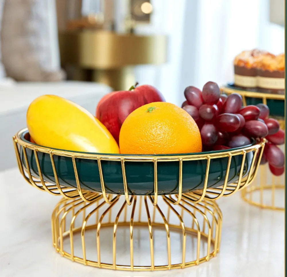 Home Iron Storage Bowl Storage Gold Metal Bowl Vegetable Green Ceramic Plate Tea Table Fruit Basket Cake Dishes Kitchen Supplies