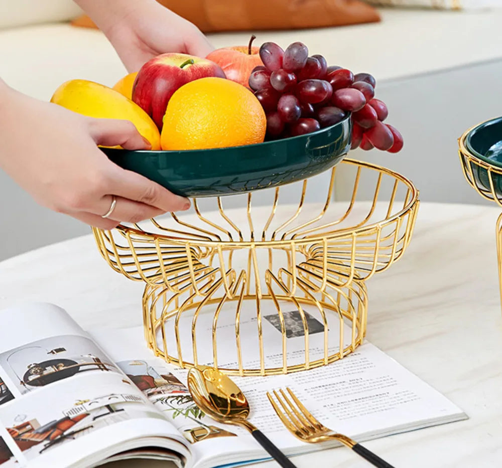 Home Iron Storage Bowl Storage Gold Metal Bowl Vegetable Green Ceramic Plate Tea Table Fruit Basket Cake Dishes Kitchen Supplies