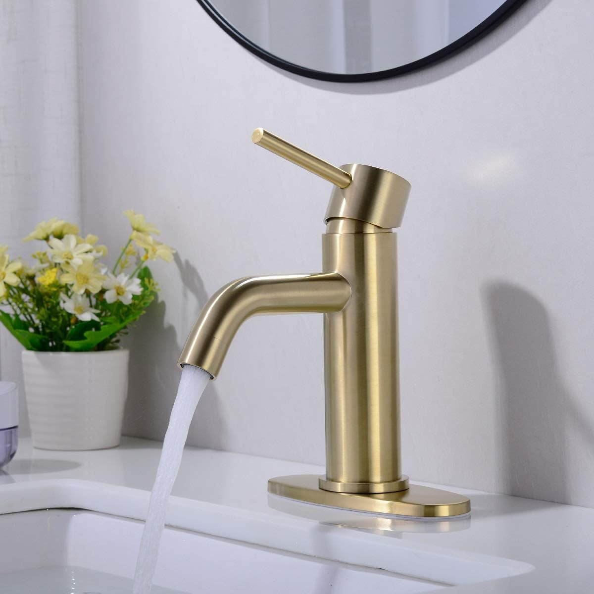 Brass Single Lever Single Hole Bathroom Basin Sink Faucet with Pop up Drain Assembly and 6-Inch Hole Cover Deck Plate,Brushed Gold