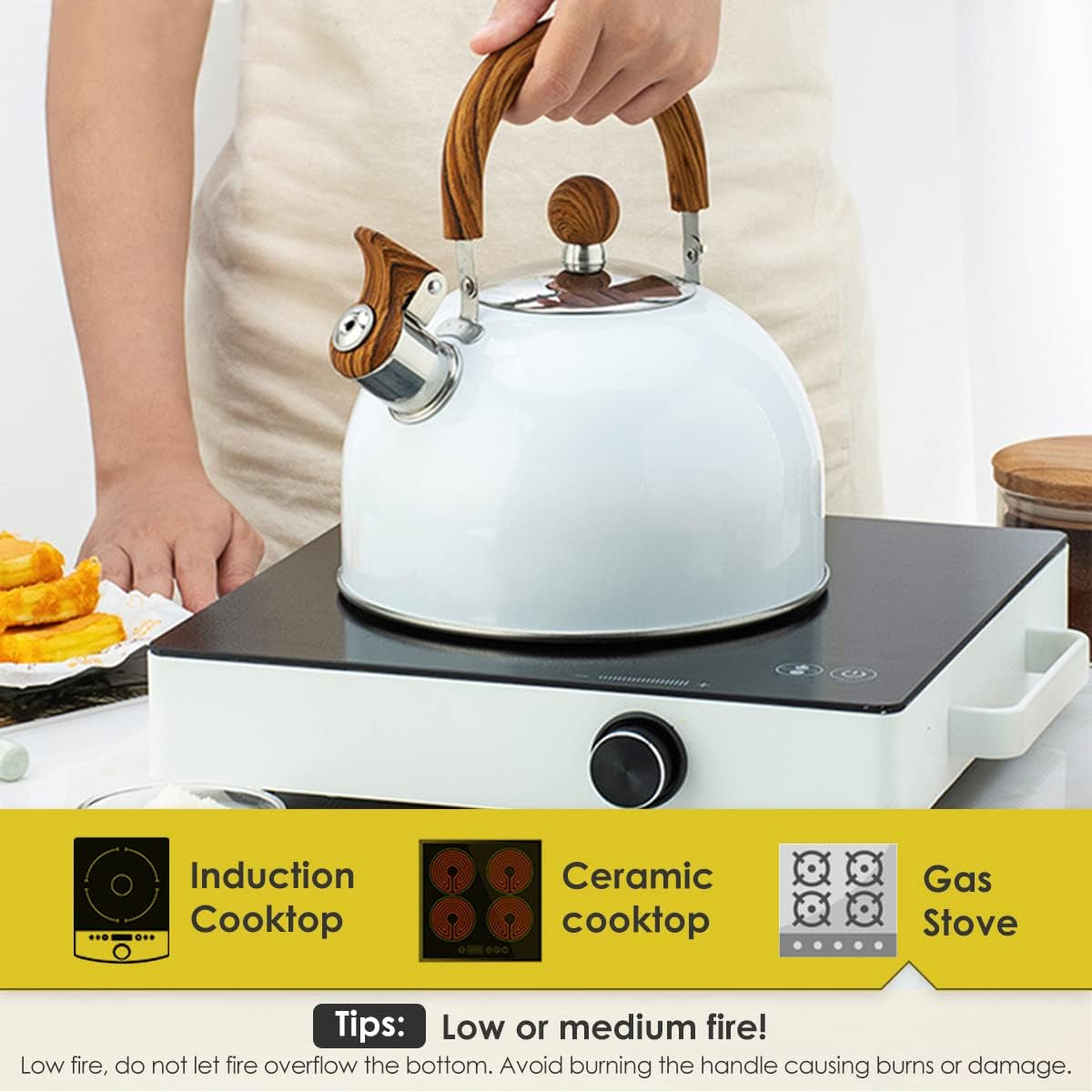 Tea Kettle, Stainless Steel Tea Pot, 2.6 Quart / 2.5 L Tea Kettle for Stove Top, Stovetop Whistling Teapot, Tea Kettles Stove Top with Grip Ergonomic Handle, Pearl White Tea Kettles Stovetop