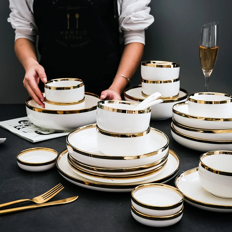 Ceramic Dinnerware Plate Bowl White Gold Stroke Ceramic Dinner Plate Steak Tableware Rice Soup Bowl Spoon Dish Home Decoration