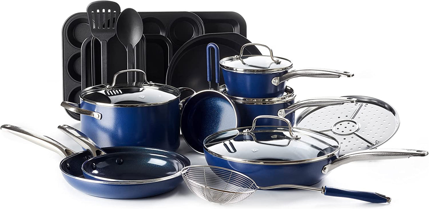 20 Piece Cookware and Bakeware Set, Diamond Infused PFOA Pfas-Free Ceramic Nonstick Pots and Pans, Durable Nontoxic Metal Utensil Safe & Scratch Resistant, Dishwasher & Oven Safe, Blue