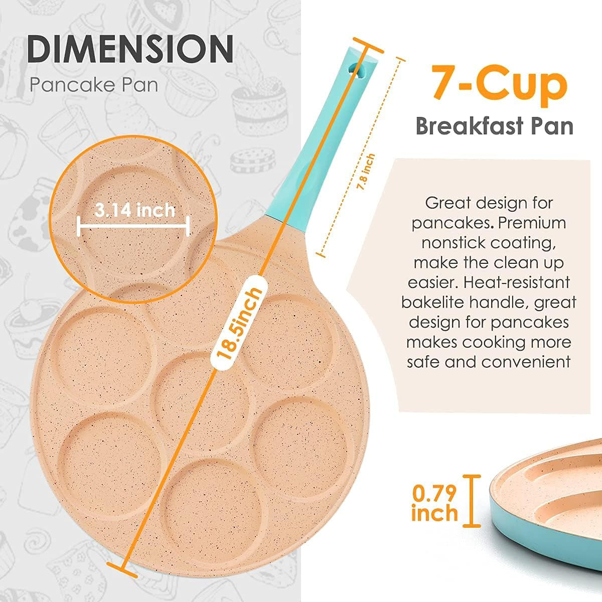 Pancake Pan 7 Molds Nonstick Breakfast Griddle Blini Pan, Gas Compatible,9.7 Inch Blue
