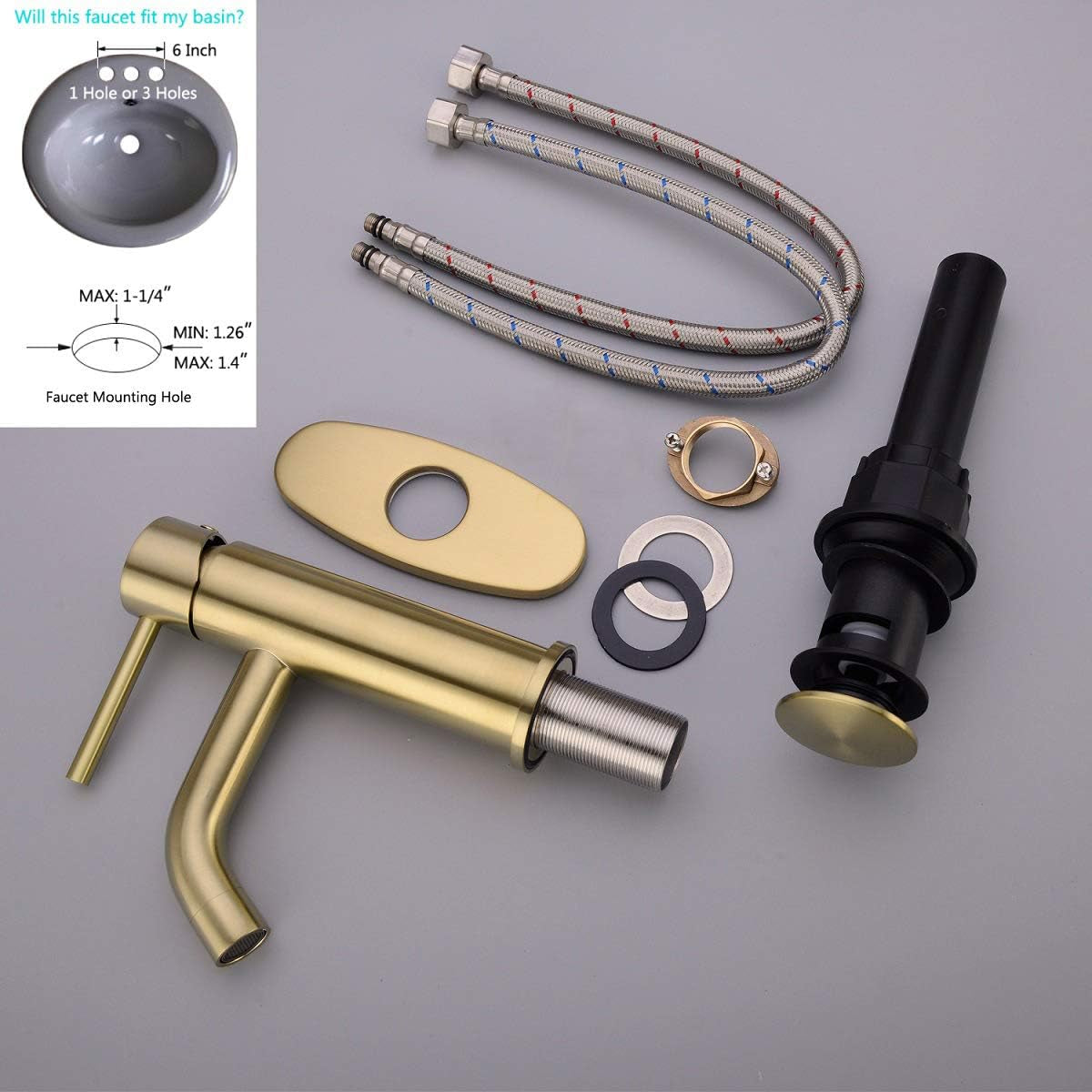Brass Single Lever Single Hole Bathroom Basin Sink Faucet with Pop up Drain Assembly and 6-Inch Hole Cover Deck Plate,Brushed Gold