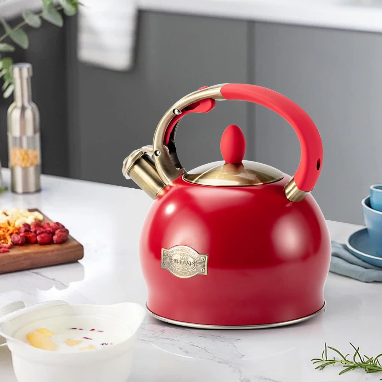 Stove Top Whistling Tea Kettle - Food Grade Stainless Steel Teakettle Teapot with Cool Touch Ergonomic Handle, with 1 Silicone Pinch Mitt Included, 2.64 Quart(Red)