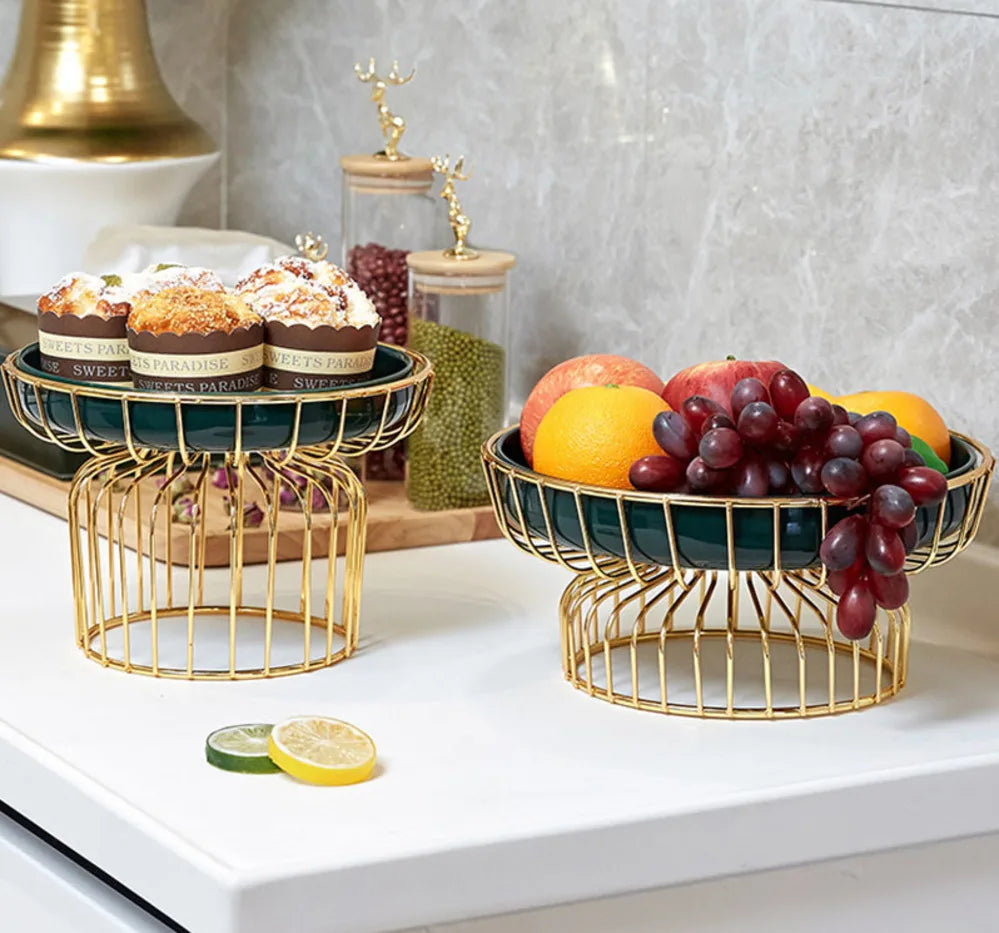 Home Iron Storage Bowl Storage Gold Metal Bowl Vegetable Green Ceramic Plate Tea Table Fruit Basket Cake Dishes Kitchen Supplies