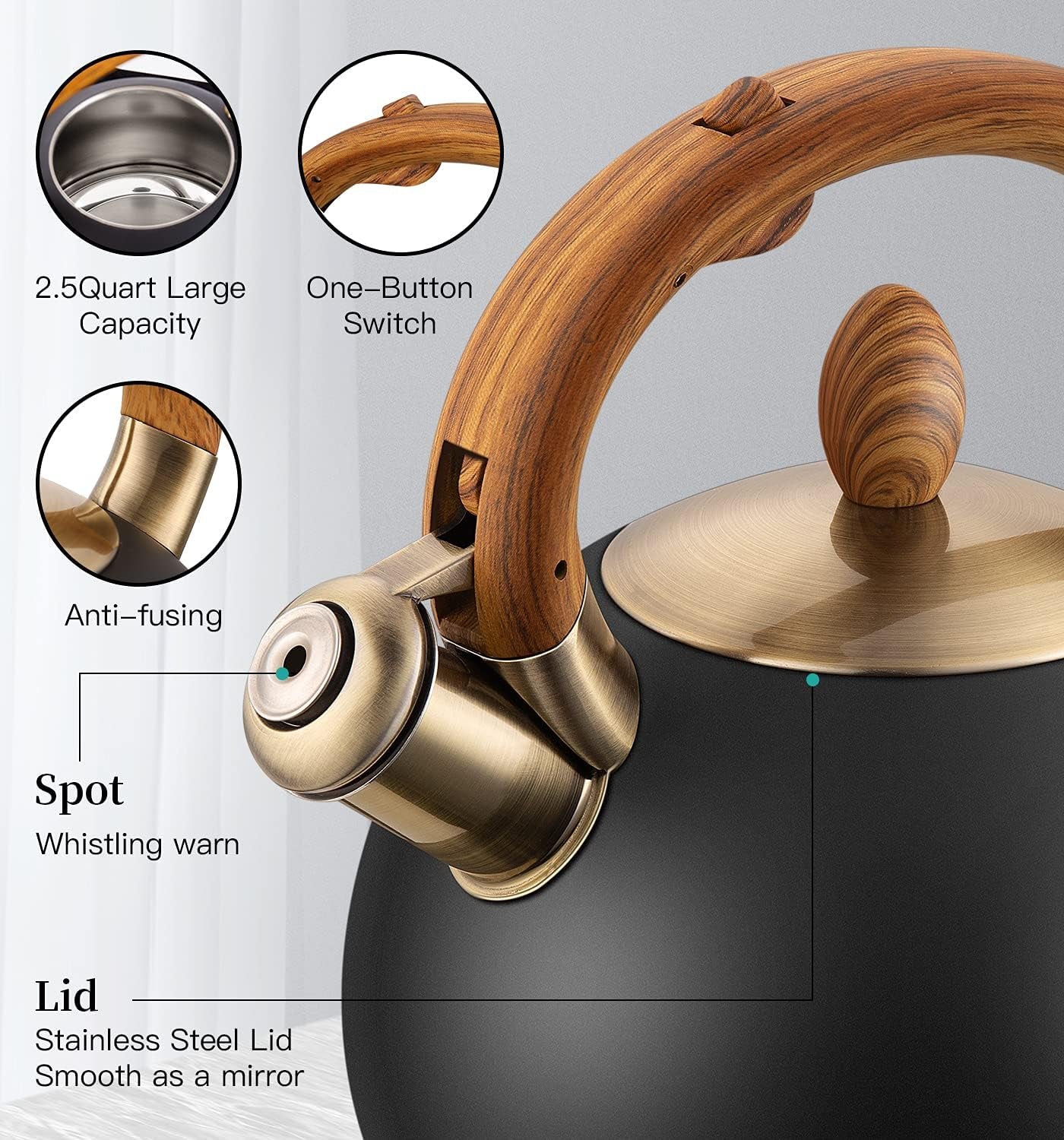 Tea Kettle & Tea Pot, Stainless Steel Tea Kettle for Stove Top, 2.64 Quart Whistling Loud Tea Kettles (Polished Black)