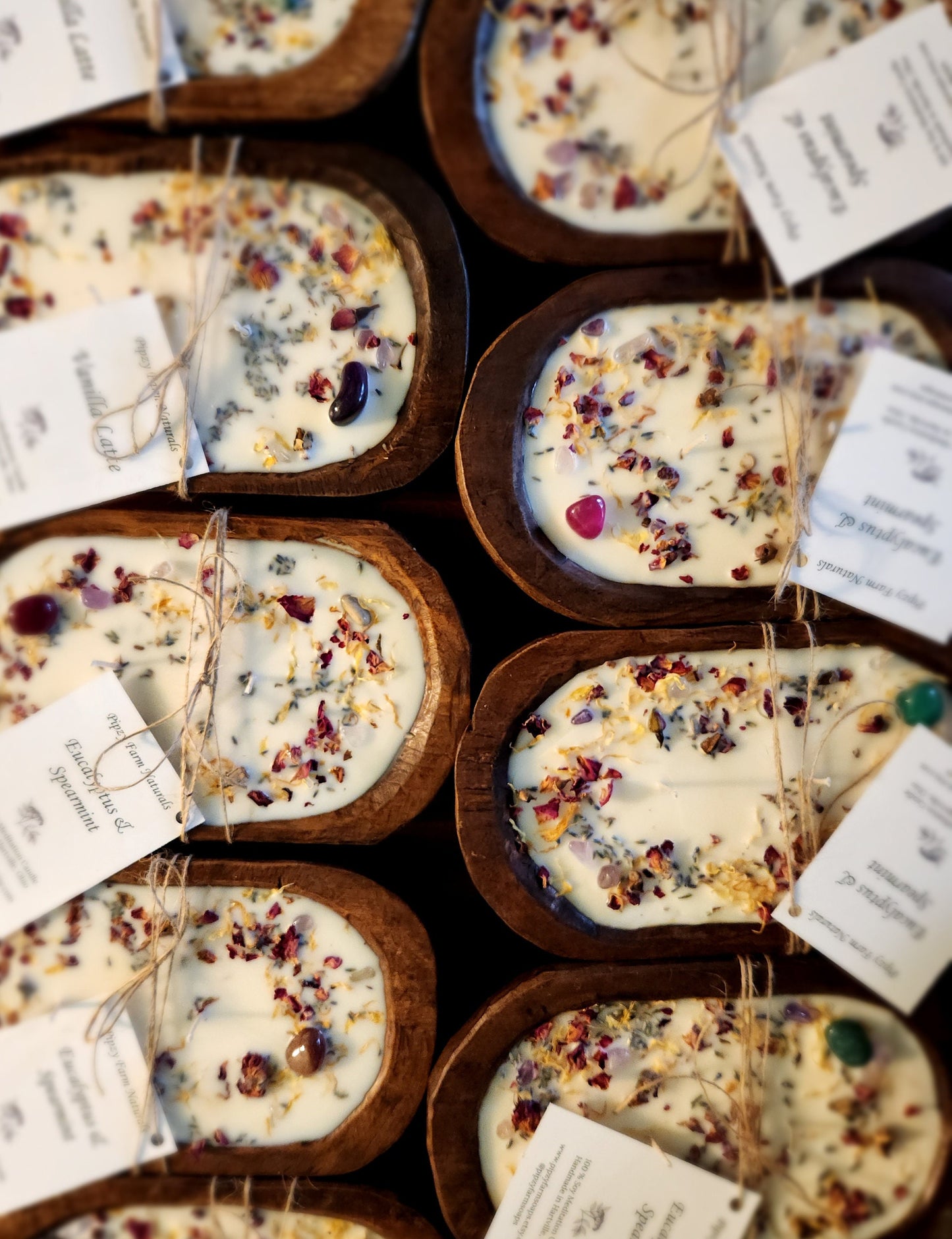 WOOD DOUGH BOWL Meditation Candle- Handmade Soy Candle, 3 Wick Rustic Wood Candle, Crystals and Flowers, Vegan Candle, Gift for Her