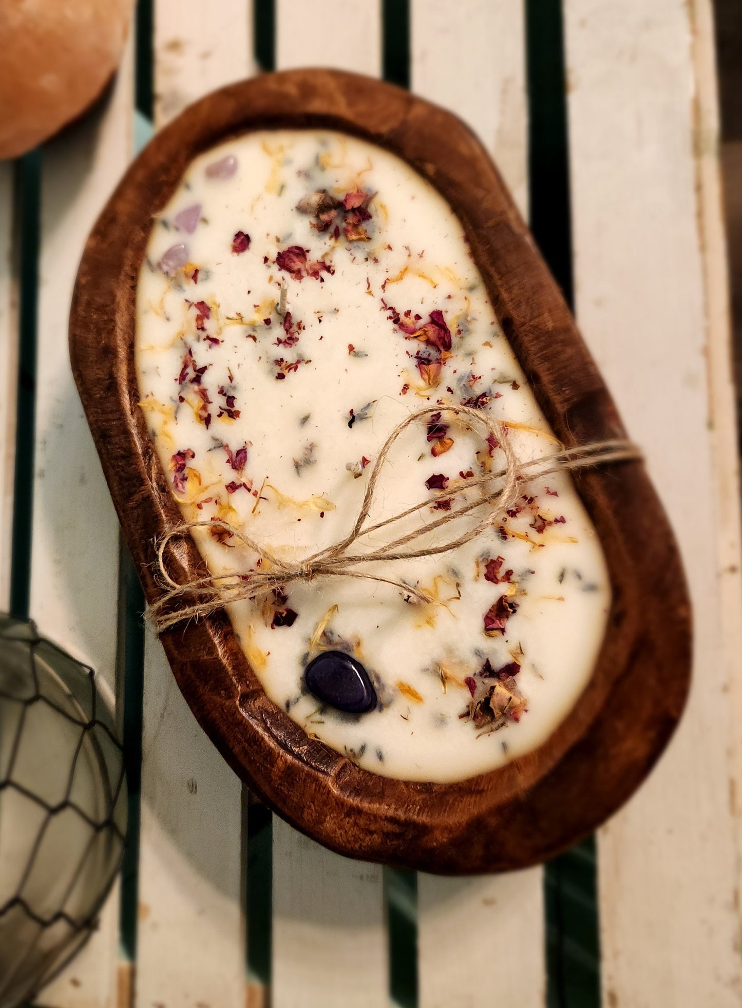 WOOD DOUGH BOWL Meditation Candle- Handmade Soy Candle, 3 Wick Rustic Wood Candle, Crystals and Flowers, Vegan Candle, Gift for Her