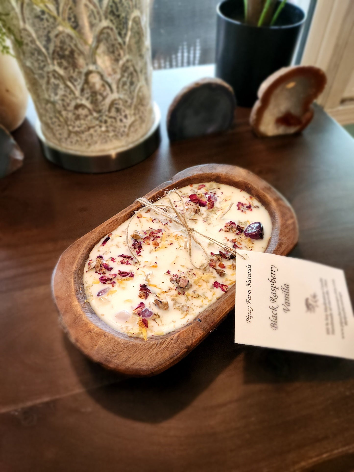 WOOD DOUGH BOWL Meditation Candle- Handmade Soy Candle, 3 Wick Rustic Wood Candle, Crystals and Flowers, Vegan Candle, Gift for Her