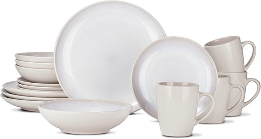 16 Piece round Dinnerware Sets Service for 4, Ivory/White Rustic Reactive-Glaze Stoneware, Including Dinner Plate, Dessert Plate, Soup/Cereals Bowl, Mugs