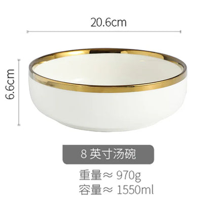 Ceramic Dinnerware Plate Bowl White Gold Stroke Ceramic Dinner Plate Steak Tableware Rice Soup Bowl Spoon Dish Home Decoration