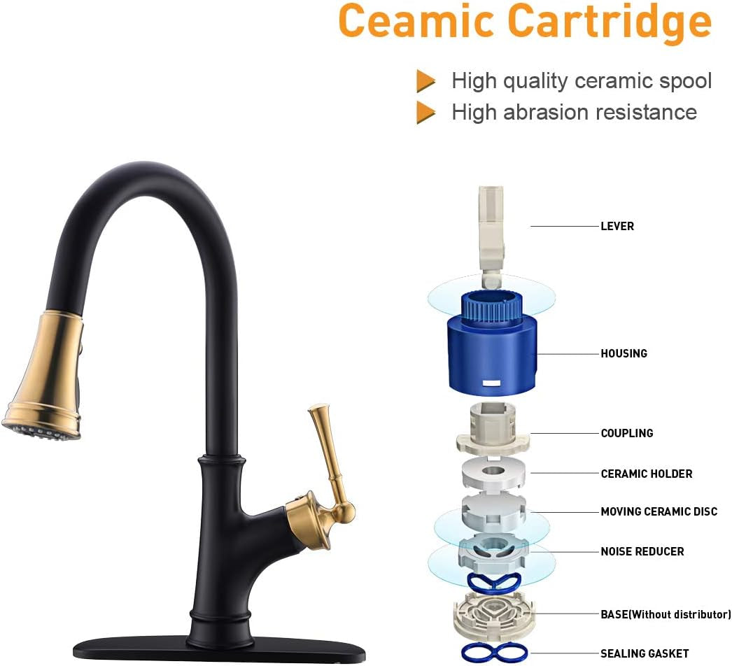 Pull down Kitchen Faucet with Sprayer - Single Handle High Arc One Hole Pull Out Kitchen Sink Faucets, Black and Gold