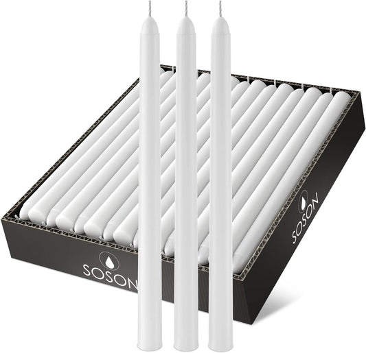 White Taper Candles 12 Inch Dripless, Set of 30 Unscented Tapered White Candles, Smokeless Tall Candle Sticks Ideal for Wedding, Spa, Restaurant, Shabbat and Dinner Long Candlesticks