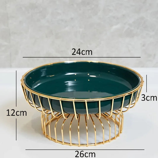 Home Iron Storage Bowl Storage Gold Metal Bowl Vegetable Green Ceramic Plate Tea Table Fruit Basket Cake Dishes Kitchen Supplies