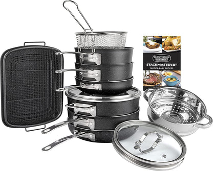 GRANITESTONE Stackmaster 15 Pcs Pots and Pans Set Induction-Compatible, Nonstick Cookware Set, Scratch-Resistant, Granite-Coated Anodized Aluminum, Dishwasher-Safe, Pfoa-Free