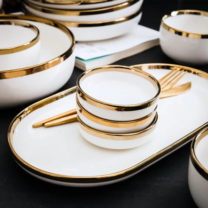 Ceramic Dinnerware Plate Bowl White Gold Stroke Ceramic Dinner Plate Steak Tableware Rice Soup Bowl Spoon Dish Home Decoration
