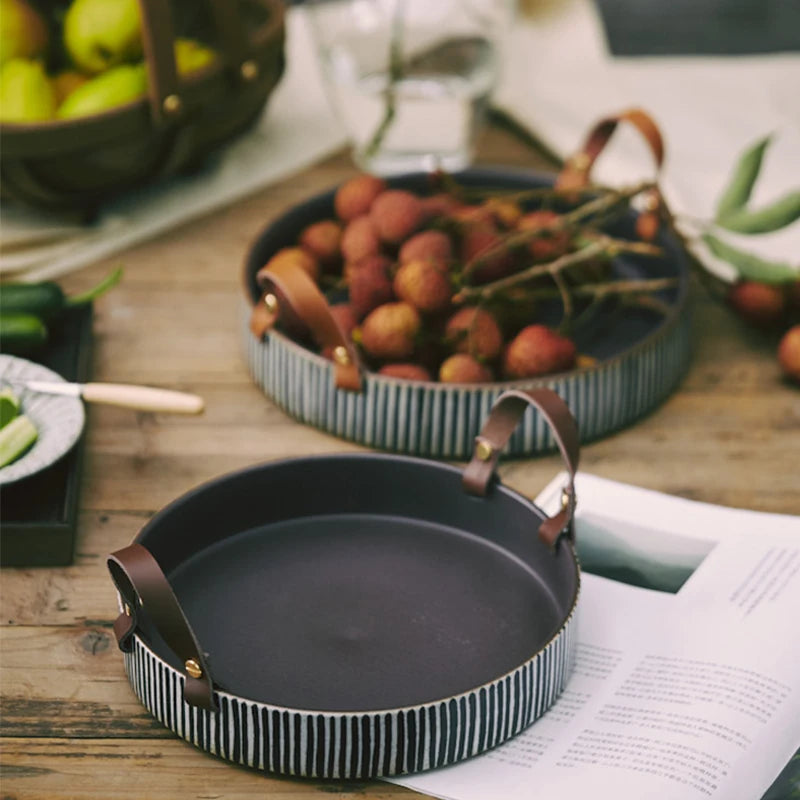 Exclusive Handmade Ceramic Bowl with Cow Leather Handle Stripe round Sallow Salad Plate