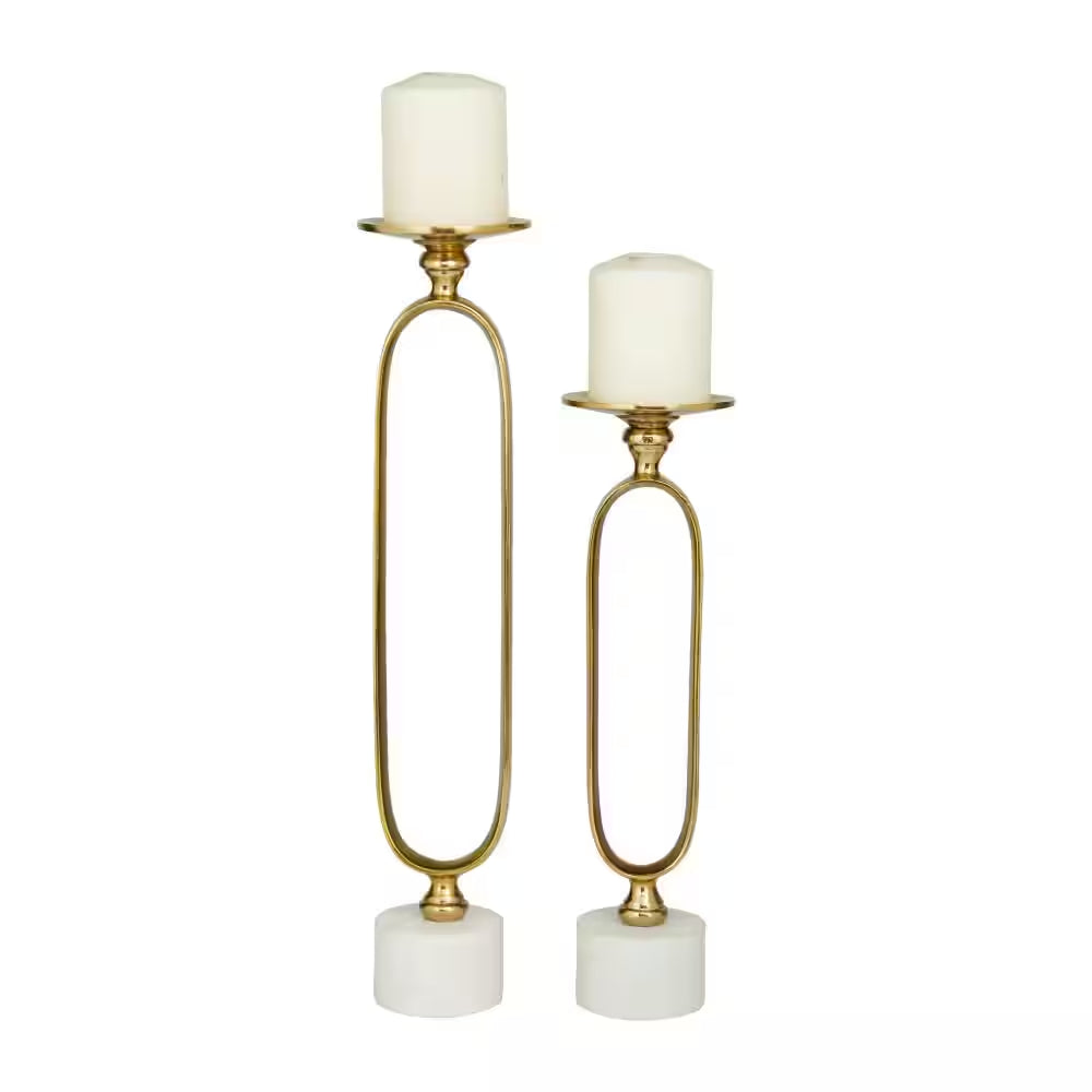 Gold Aluminum Paper Clip Pillar Candle Holder with Marble Base (Set of 2)