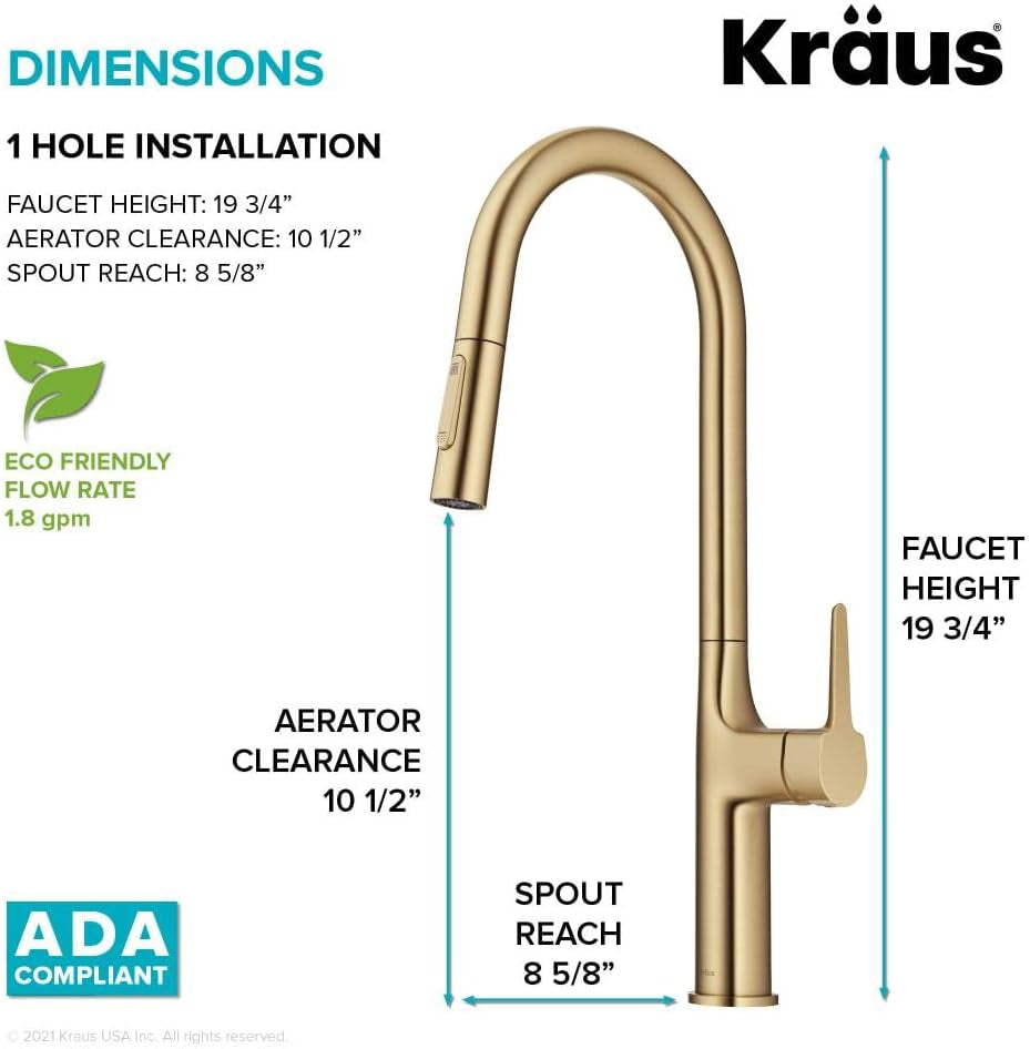KPF-3101BG Oletto Modern Pull-Down Single Handle Kitchen Faucet, 19.5 Inch, Brushed Gold