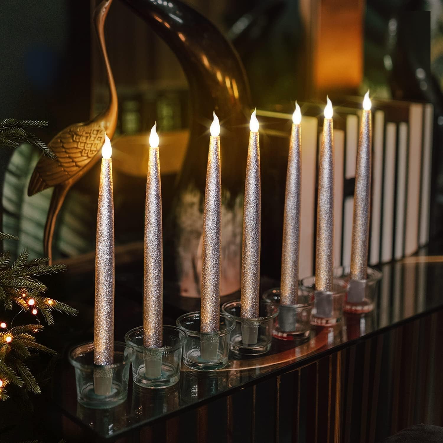 Silver LED Taper Candles, Centerpieces Decor Candles, Flameless LED Candle Lights with 6/18 Timer, Pack of 12 (Battery Operated)