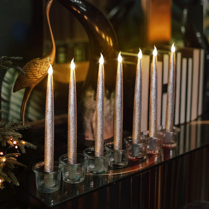 Silver LED Taper Candles, Centerpieces Decor Candles, Flameless LED Candle Lights with 6/18 Timer, Pack of 12 (Battery Operated)
