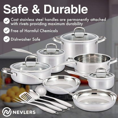 Multi-Clad Stainless Steel Cookware Sets - 15 Piece Pots and Pans Set - Makes for a Great Cooking Set for Your Kitchen - It Is Dishwasher Safe Too!