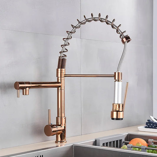 Rose Gold Black Style Kitchen Spring Faucet Pull down Dual Spouts Single Handle Water Mixer Tap 360 Rotation Kitchen Mixer Tap