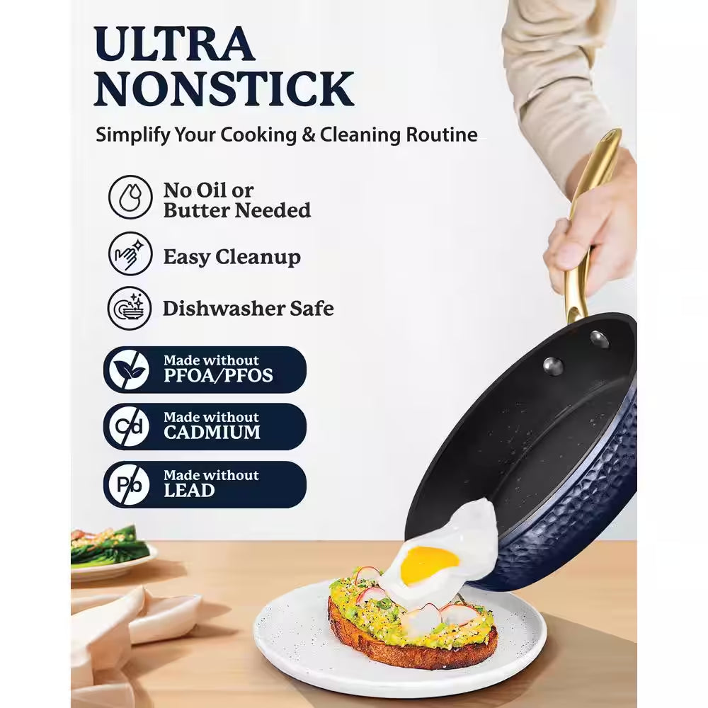 Charleston Collection 15-Piece Aluminum Hammered Nonstick Cookware Set with Utensils in Navy