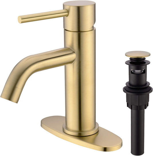 Brass Single Lever Single Hole Bathroom Basin Sink Faucet with Pop up Drain Assembly and 6-Inch Hole Cover Deck Plate,Brushed Gold