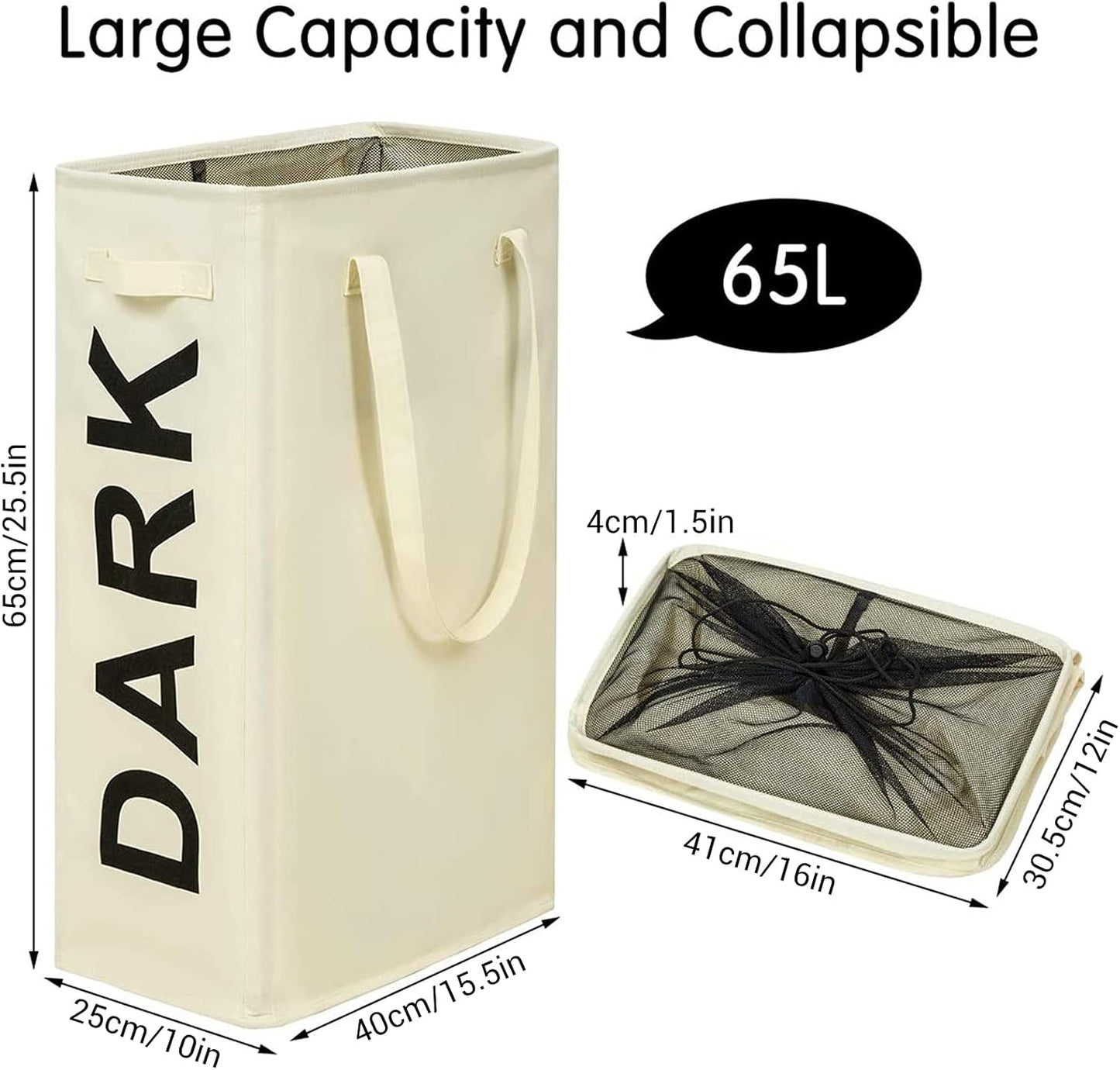 Double 65L Slim Laundry Hamper 2 Pack Tall Thin Laundry Basket with Extended Handles Dark and Lights Separator Narrow Dirty Clothes Hamper Collapsible Laundry Organizer for Dorm Room (Beige)