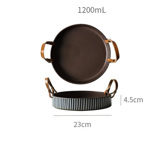 Exclusive Handmade Ceramic Bowl with Cow Leather Handle Stripe round Sallow Salad Plate