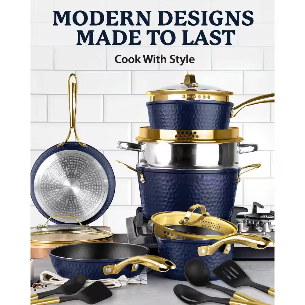 Charleston Collection 15-Piece Aluminum Hammered Nonstick Cookware Set with Utensils in Navy