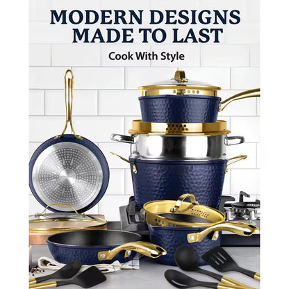 Charleston Collection 15-Piece Aluminum Hammered Nonstick Cookware Set with Utensils in Navy