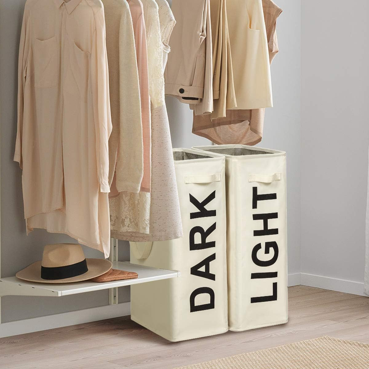 Double 65L Slim Laundry Hamper 2 Pack Tall Thin Laundry Basket with Extended Handles Dark and Lights Separator Narrow Dirty Clothes Hamper Collapsible Laundry Organizer for Dorm Room (Beige)