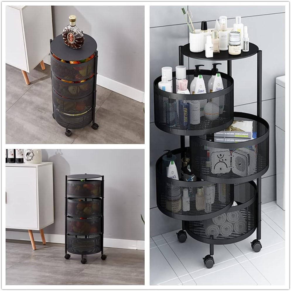 4-Tier Fruit Basket for Kitchen Storage, Metal Pantry Baskets with Wheels, Utility Rack for Kitchen, Bathroom, Laundry Room, Garage, Black