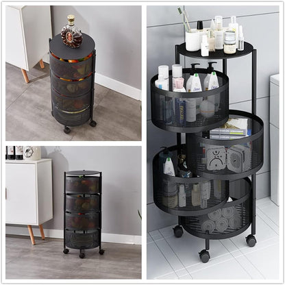 4-Tier Fruit Basket for Kitchen Storage, Metal Pantry Baskets with Wheels, Utility Rack for Kitchen, Bathroom, Laundry Room, Garage, Black