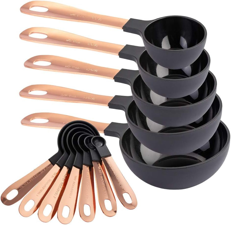 12 PC Measuring Cups Set and Measuring Spoon Set with Copper Coated Stainless Steel Handles, Nesting Kitchen Measuring Set, Liquid Measuring Cup Set, Dry Measuring Cup Set (Black)