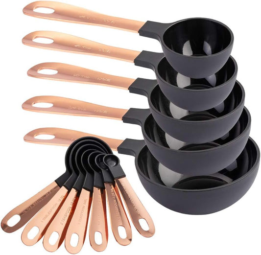 12 PC Measuring Cups Set and Measuring Spoon Set with Copper Coated Stainless Steel Handles, Nesting Kitchen Measuring Set, Liquid Measuring Cup Set, Dry Measuring Cup Set (Black)