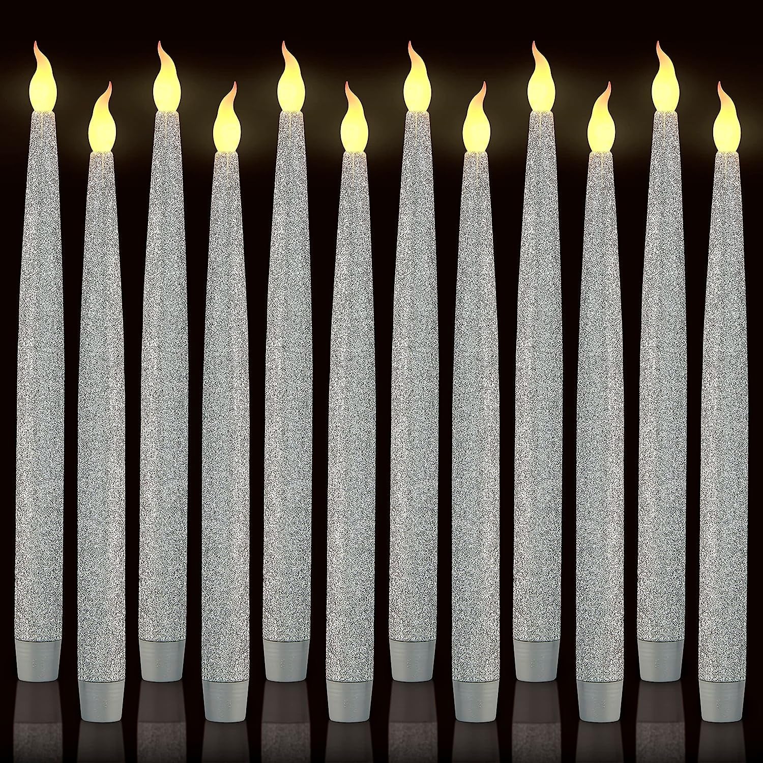 Silver LED Taper Candles, Centerpieces Decor Candles, Flameless LED Candle Lights with 6/18 Timer, Pack of 12 (Battery Operated)