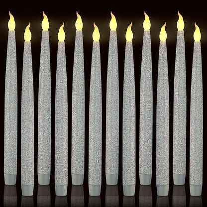 Silver LED Taper Candles, Centerpieces Decor Candles, Flameless LED Candle Lights with 6/18 Timer, Pack of 12 (Battery Operated)