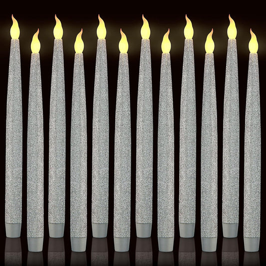 Silver LED Taper Candles, Centerpieces Decor Candles, Flameless LED Candle Lights with 6/18 Timer, Pack of 12 (Battery Operated)